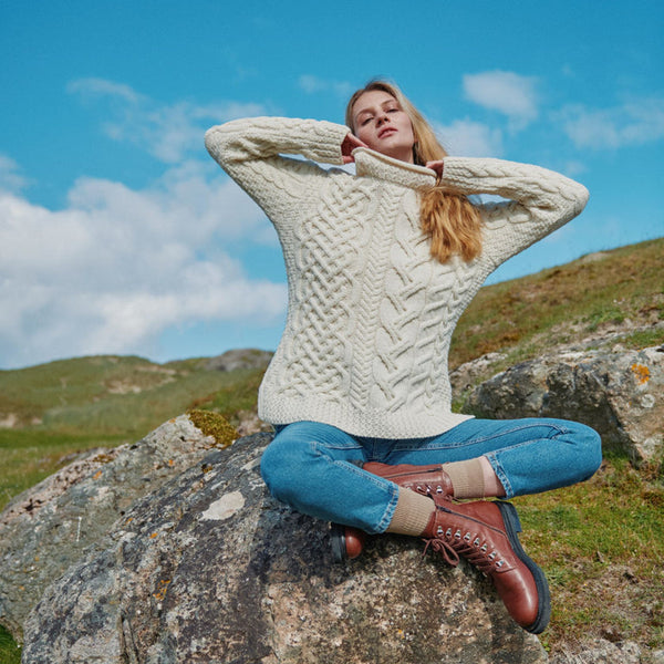 Calla Natural Aran Aysmmetrical Pattern Sweater