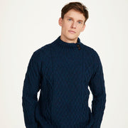 Moyne Mens Aran Navy Sweater with Button Collar