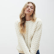 Omey Ladies Aran Crew Neck Natural Sweater
