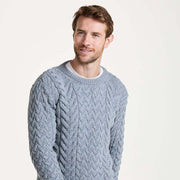 Omey Mens Aran Crew Neck Light Blue Sweater