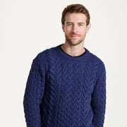 Omey Mens Aran Crew Neck Navy Sweater