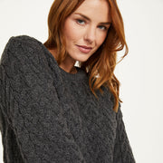 Omey Ladies Aran Crew Neck Charcoal Sweater