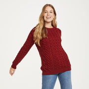 Omey Ladies Aran Crew Neck Red Sweater
