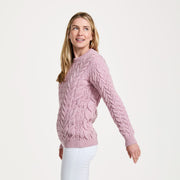 Omey Ladies Aran Crew Neck Pink Sweater