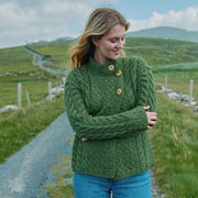 Louisburgh Ladies Cable Aran Green Cardigan