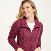 Ladies Raspberry Aran Cardigan with Full Zip