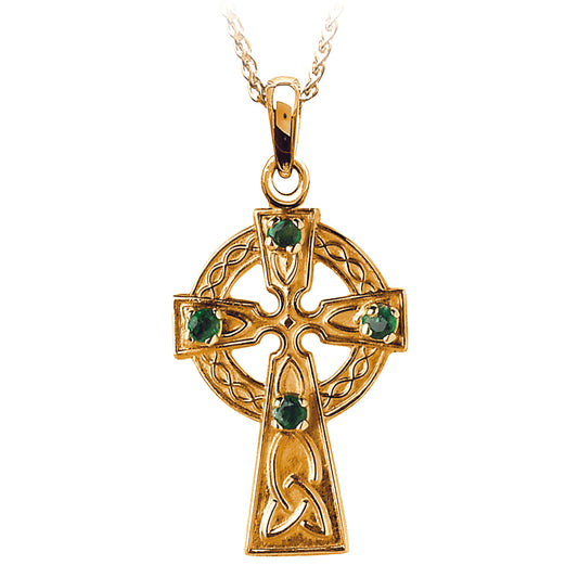 Gold Celtic Cross Necklace Set With Four Emeralds