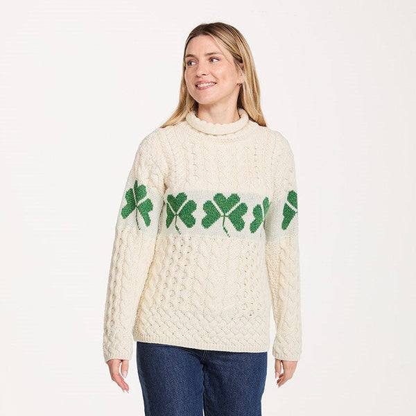 Ladies Shamrock Roll Neck Aran Sweater
