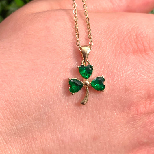 Green Crystal Shamrock Gold Plated Necklace
