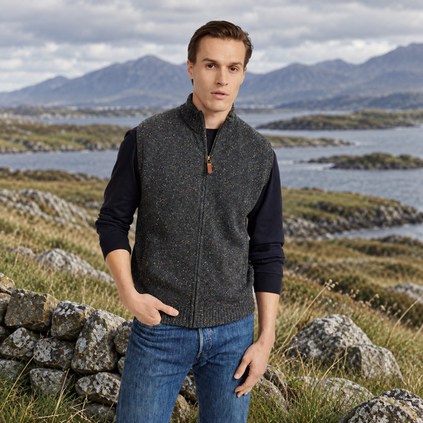 Rossport Mens Charcoal Aran Nepped Gilet
