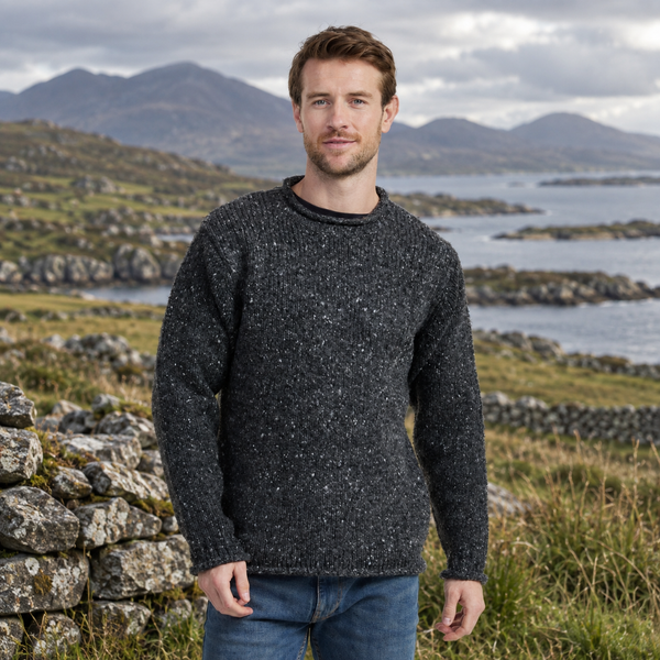 Raheen Tweed Charcoal Roll Neck Mens Sweater