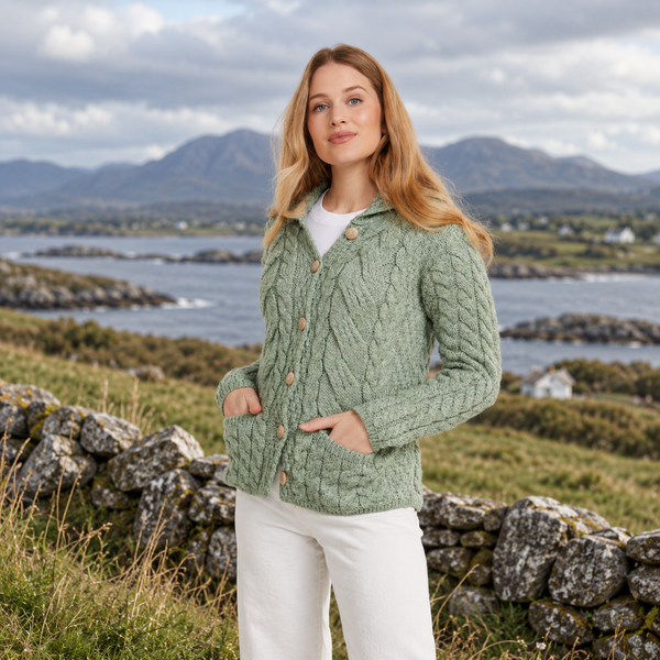 Belcarra Ladies Mint Aran Cardigan