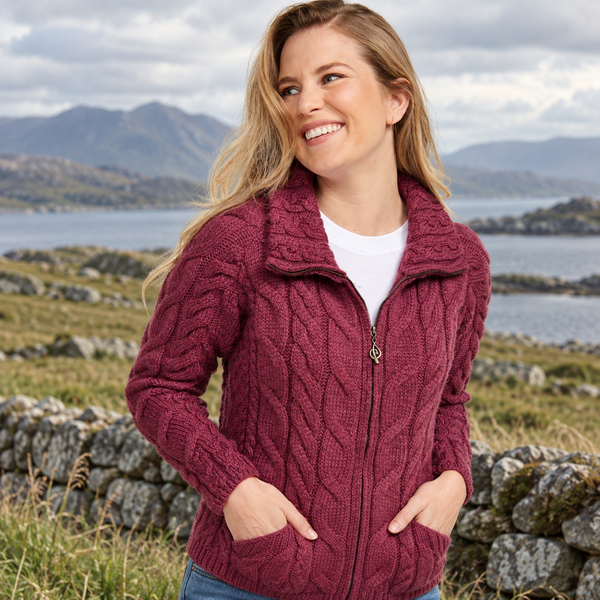 Ladies Raspberry Aran Cardigan with Full Zip