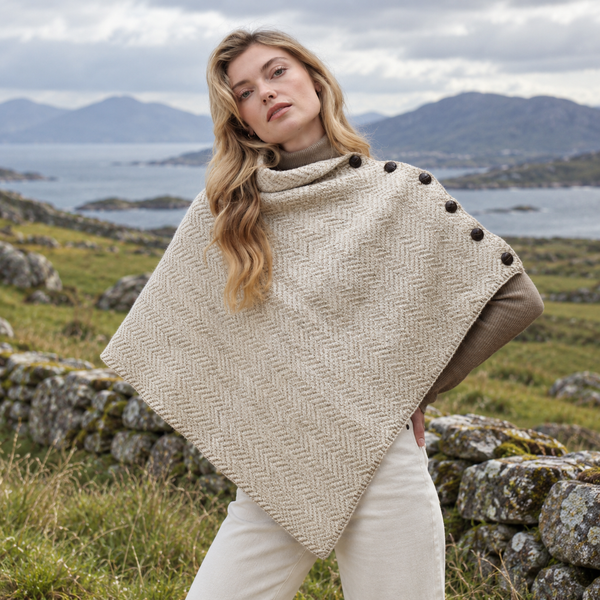 Ladies Natural/Oat Herringbone Poncho