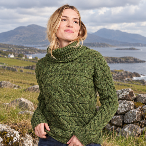 Derreen Green Aran Horizontal Cable Sweater