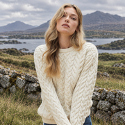 Omey Ladies Aran Crew Neck Natural Sweater