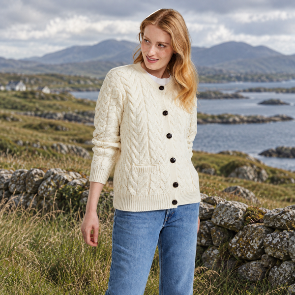 Cleggan Ladies Aran Crew Neck Cardigan