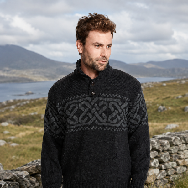 Celtic Pattern Charcoal Men Aran Sweater