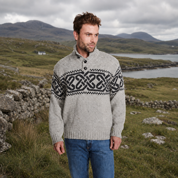 Celtic Pattern Grey Men Aran Sweater