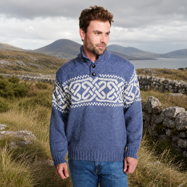 Celtic Pattern Denim Men Aran Sweater