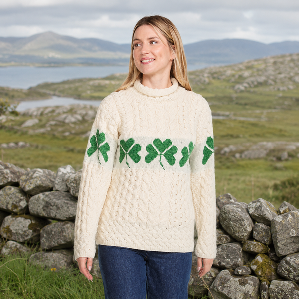 Ladies Shamrock Roll Neck Aran Sweater