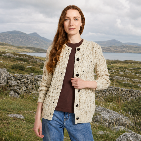 Ladies Flecked Cream Heritage Aran Lumber Cardigan