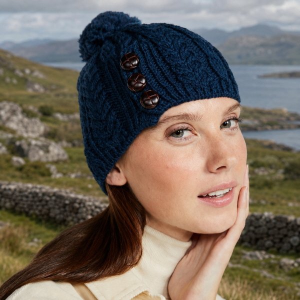 Cong Aran Merino Atlantic Blue Hat with Pom Pom