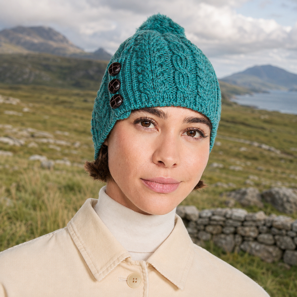 Cong Aran Merino Turquoise Hat with Pom Pom