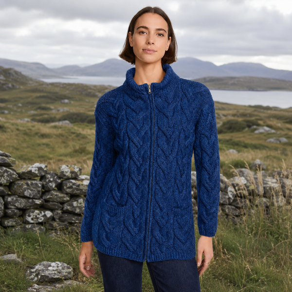 Ladies Chunky Cable Dark Blue Cardigan
