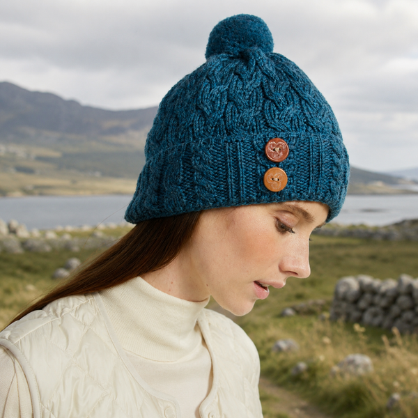Turquoise Aran Hat with Buttons