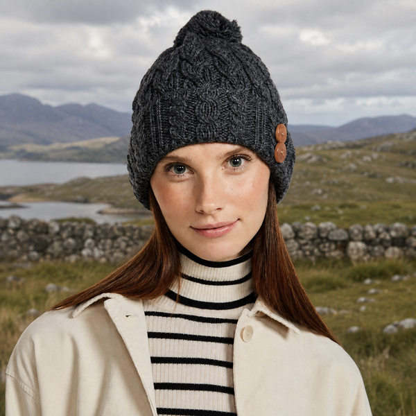 Charcoal Aran Hat with Buttons