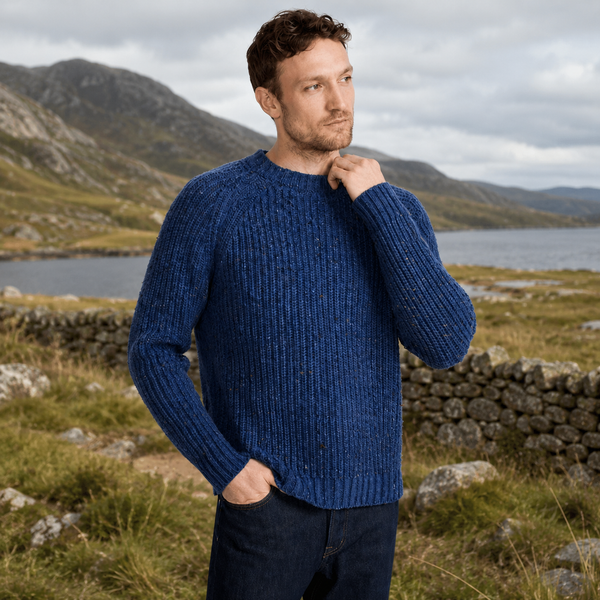 Killykeen Mens Fisherman Ribbed Ocean Blue Crew Sweater