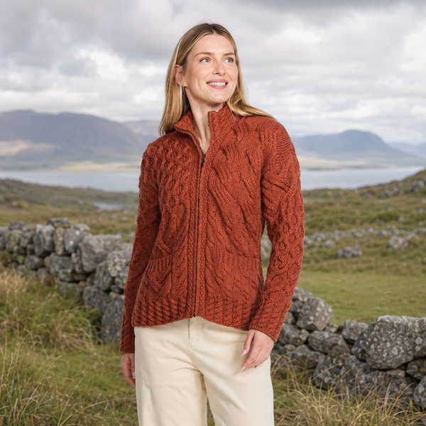 Ladies Fitted Zipper Rust Cardigan