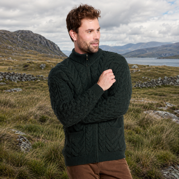 Corraun Mens Aran Zipper Merino Green Cardigan