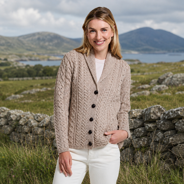 Tourmakeady Shawl Collar Aran Oat Cardigan