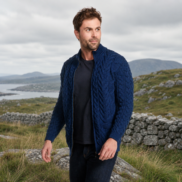 Corraun Mens Aran Zipper Merino Teal Cardigan