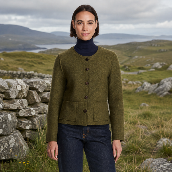 Green Boiled Wool Collarless Jacket