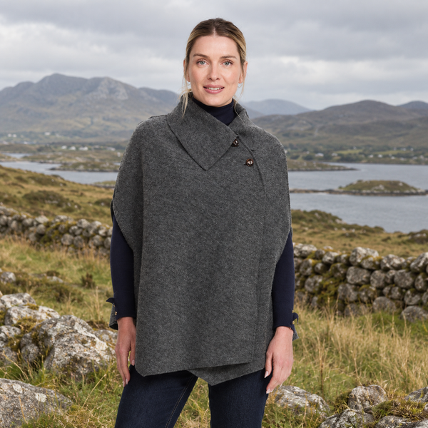 Grey Boiled Wool Poncho Cape