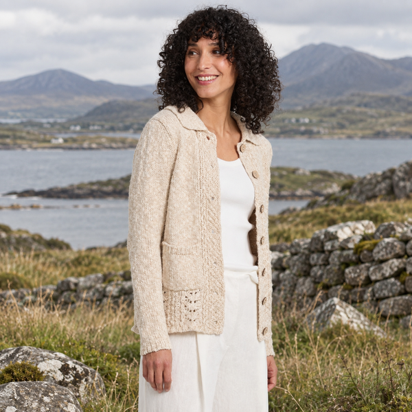Danu Cotton-Linen Collared Cream Cardigan