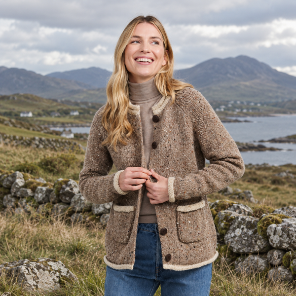 Glenariff Ladies Raglan Donegal Tweed Oat Cardigan