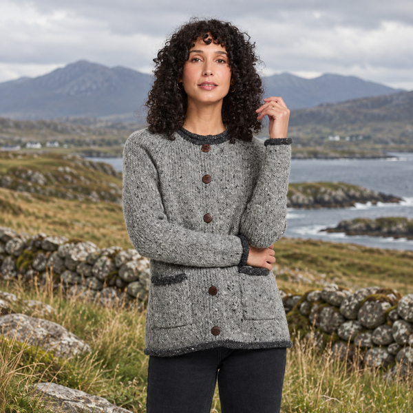 Glenariff Ladies Raglan Donegal Tweed Grey/Light Grey Cardigan