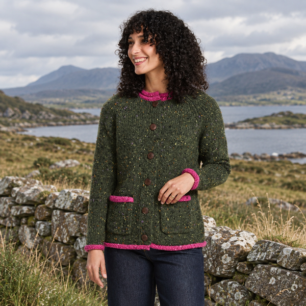 Glenariff Ladies Raglan Donegal Tweed Green/Pink Cardigan