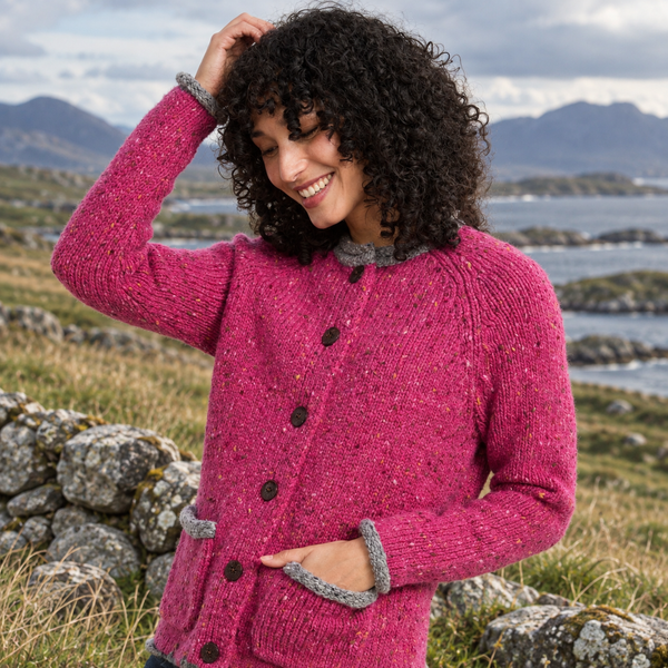 Glenariff Ladies Raglan Donegal Tweed Pink/Grey Cardigan
