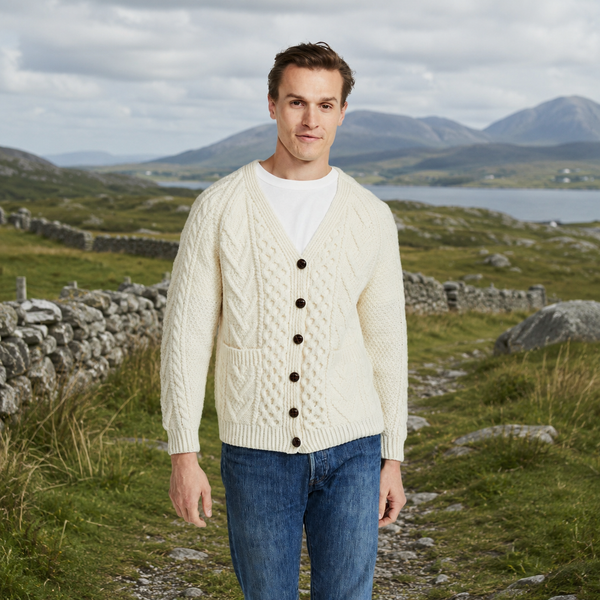 Glenisland Mens Handknit V-Neck Natural Cardigan