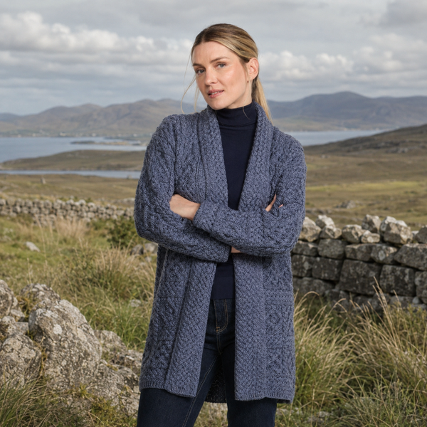 Tara Ladies Merino Denim Aran Long Shawl Cardigan