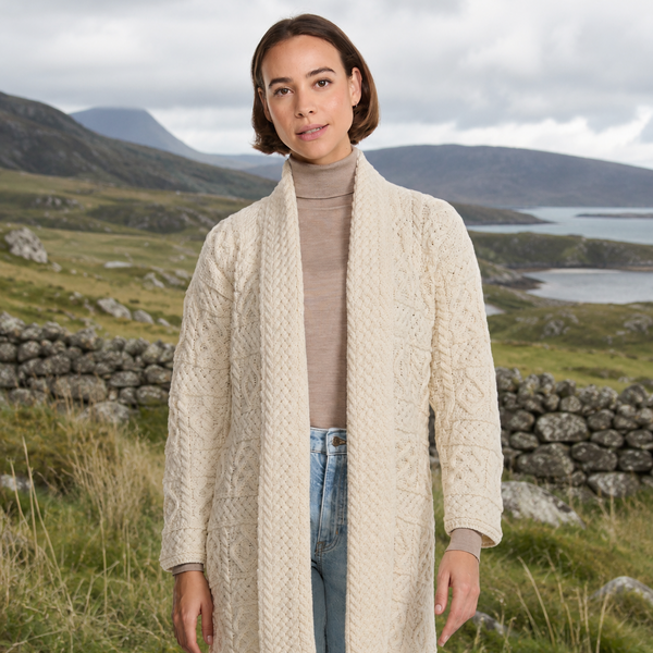 Tara Ladies Merino Natural Aran Long Shawl Cardigan