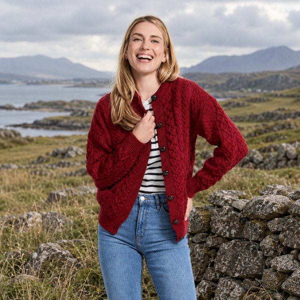 Achill Island Ladies Aran Red Cardigan