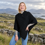Easkey Ladies Classic Aran Button Black Poncho