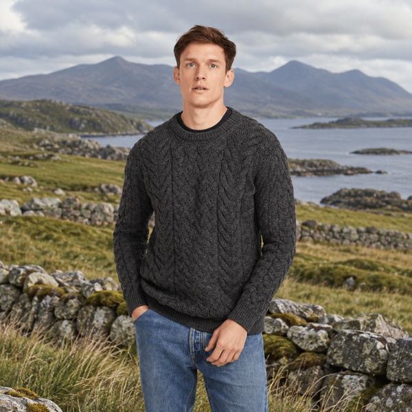 Omey Mens Aran Crew Neck Charcoal Sweater