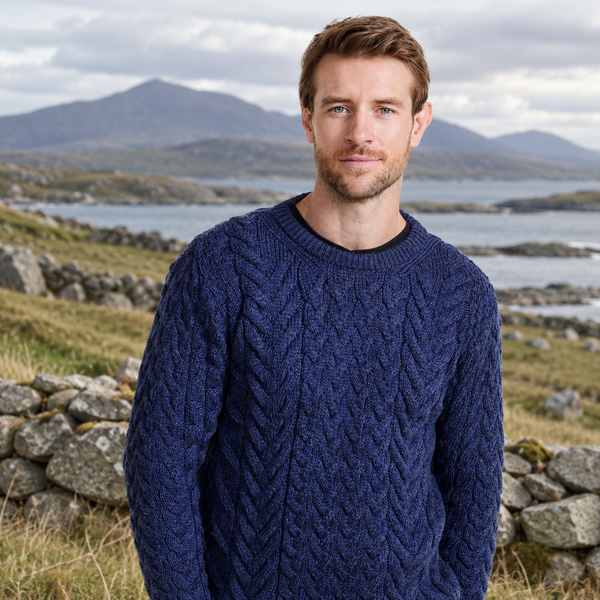 Omey Mens Aran Crew Neck Navy Sweater